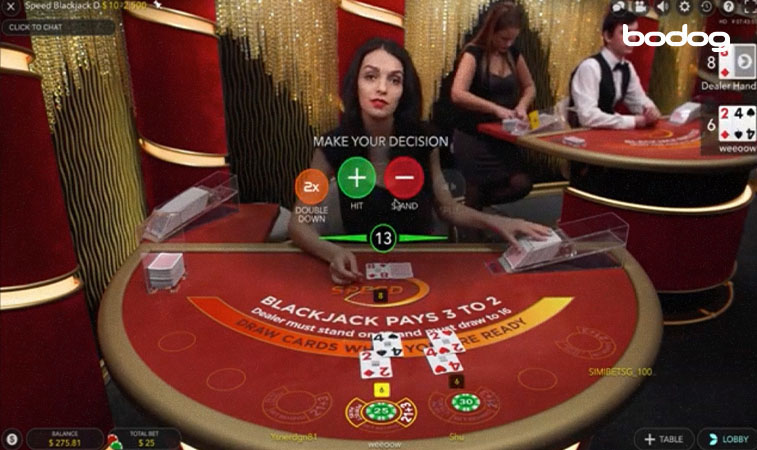 Mesa de speed blackjack con botones double down, hit y stand