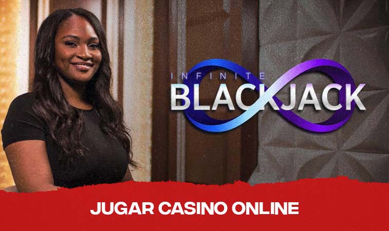 Crupier al lado de logo de infinite blackjack