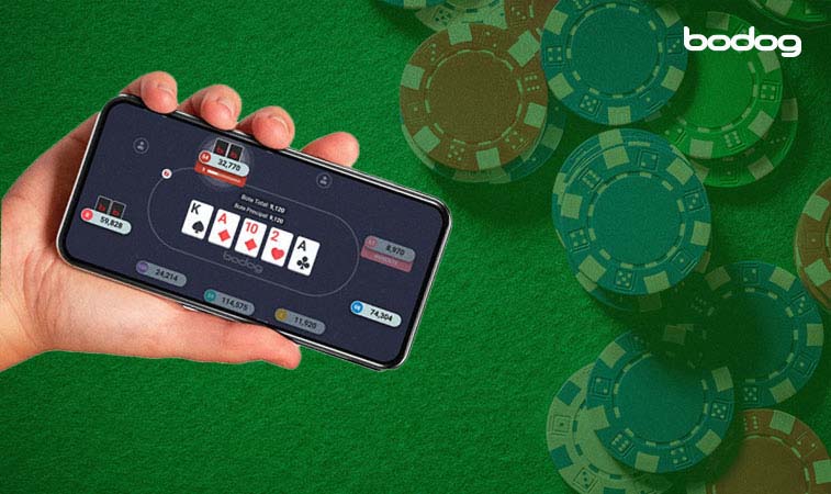 Móvil en una ronda en vivo de poker en Bodog
