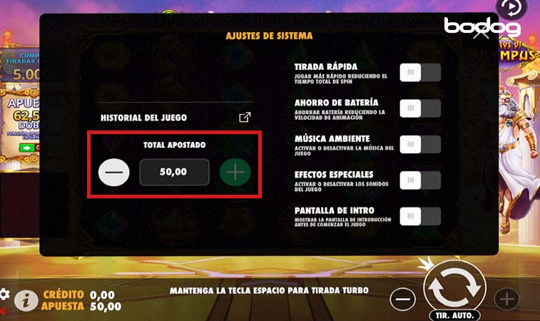 Captura de pantalla de las configuraciones en Gates of Olympus