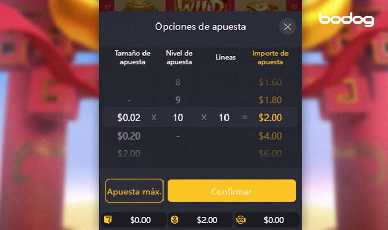 Opciones de apuestas del juego Fortune Ox