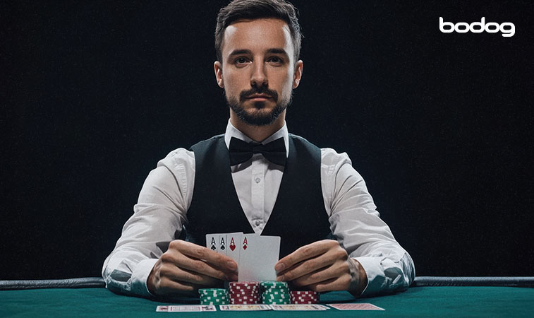 Dealer segurando cartas com quadra de ás