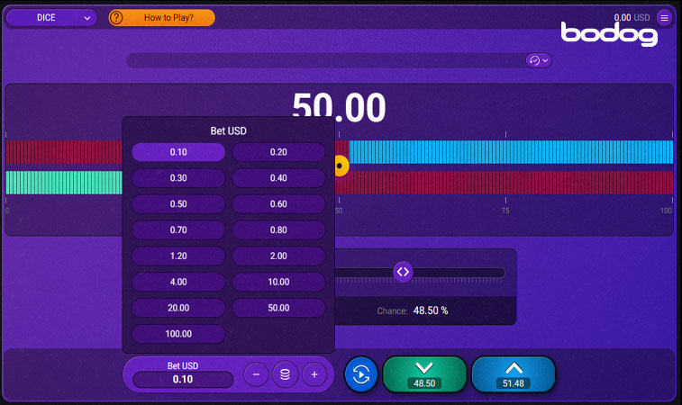 Pantalla del juego Dice mostrando como elegir el valor de la apuesta
