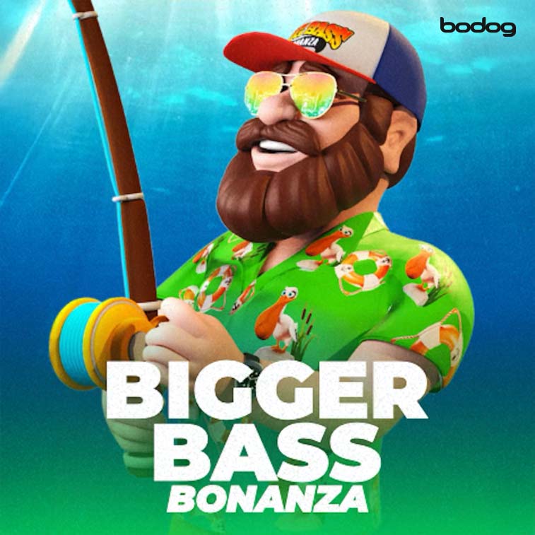 grafica de pescador con la frase Bigger Bass Bonanza